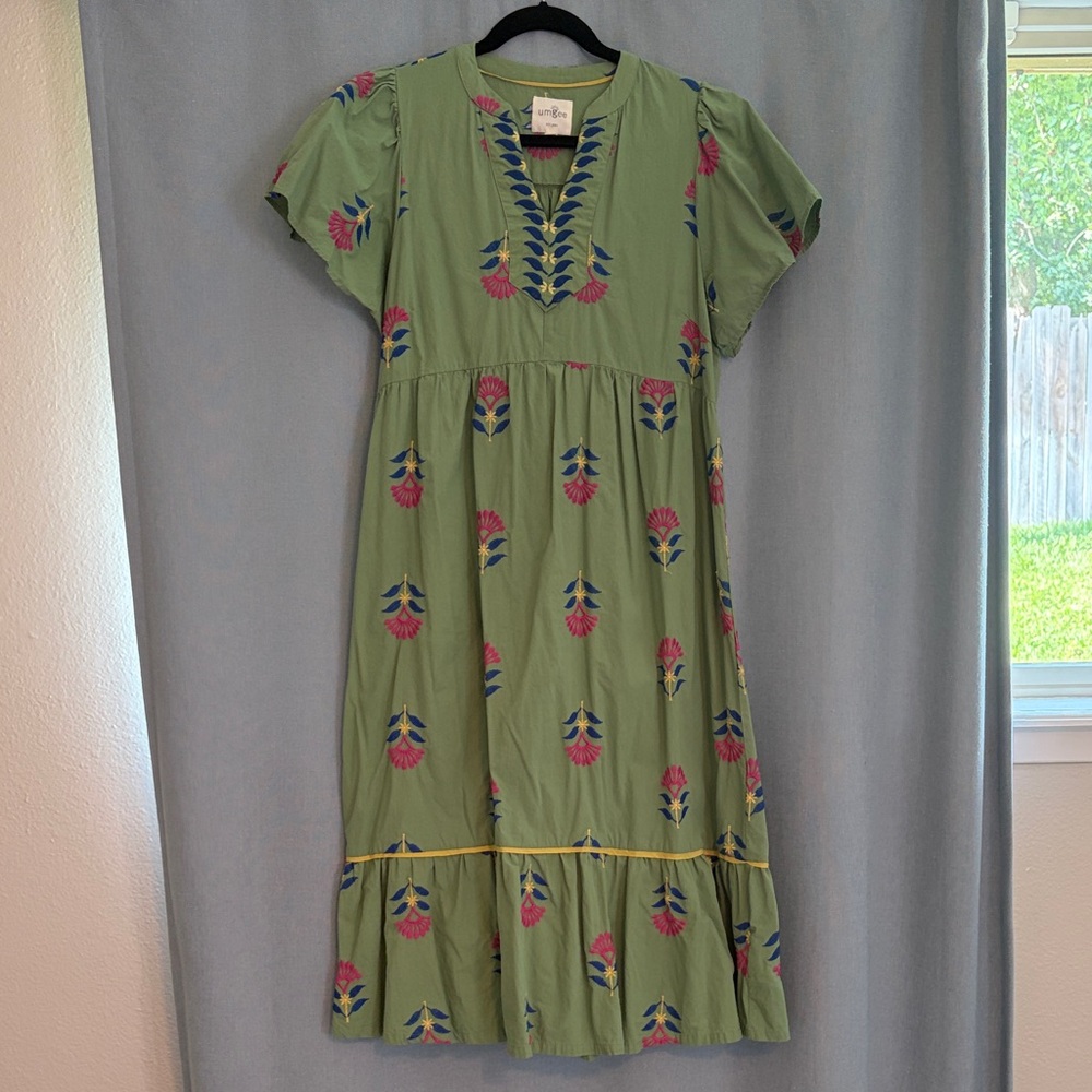 Umgee Green Floral Embroidered Midi Dress with Pink & Navy Accents